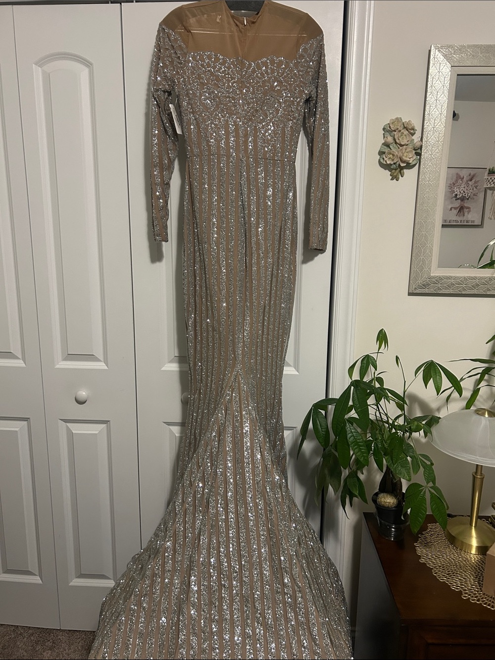 Portia and Scarlett Taupe Long-Sleeve Sequin Gown with Silver Accents